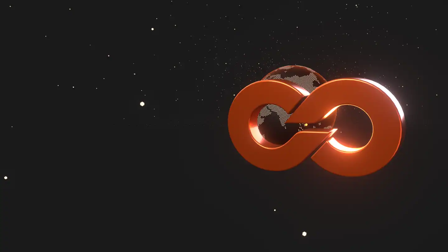 The ECOM84 logo mark in 3D, two interlocking rings in brand orange, in front of a dotted globe
