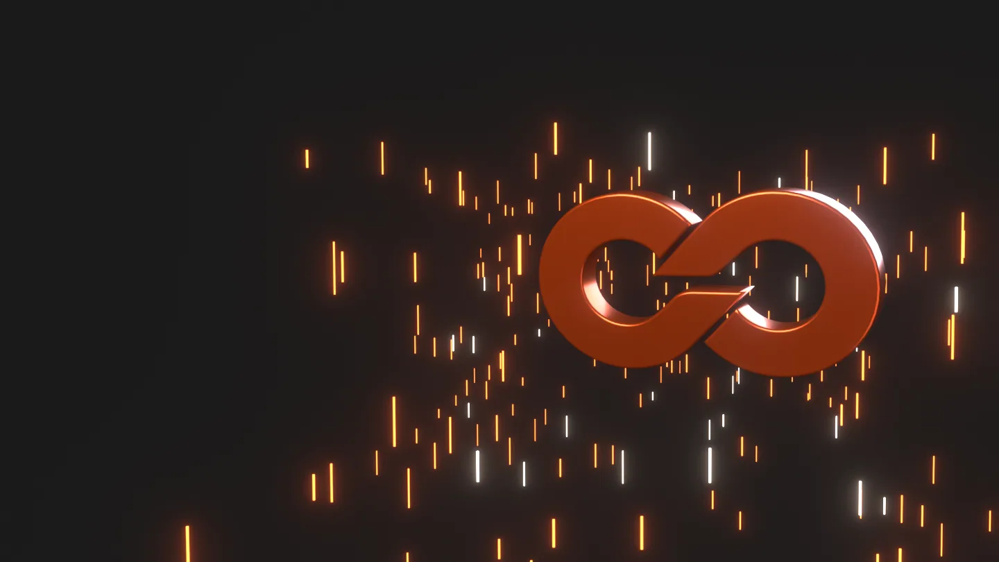 The ECOM84 logo mark in 3D with orange sparks rising like a launchpad